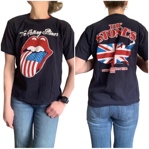 Vintage 1981 Rolling Stones North American Tour Black Graphic Crewneck Tee Shirt - Picture 1 of 16